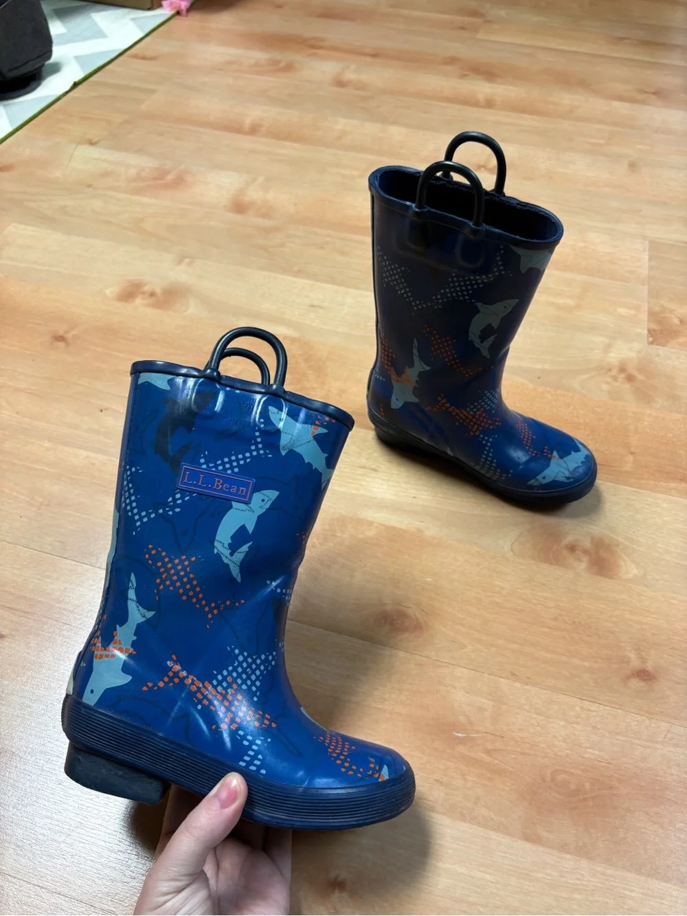 L.L.Bean Navy Blue Shark Print Rubber Rain Boots Waterproof Toddler Kids Size 12
